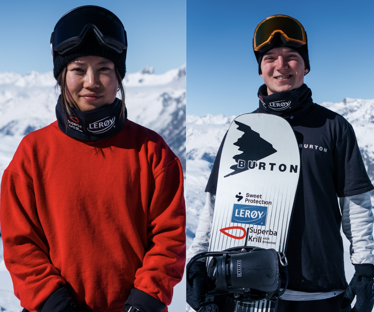 A woman and a man side by side. Each with snowboard gears. The woman with a red college sweater, the man holding a snowboard