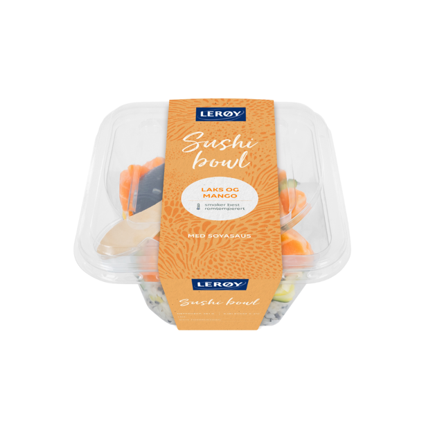 Sushibowl med laks og mango forpakning
